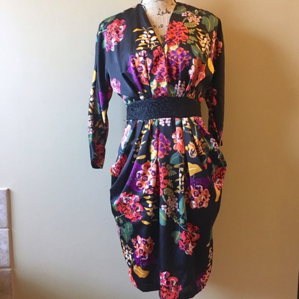 H&M Black Floral Long Sleeve Dress with Multicolor Bloom
